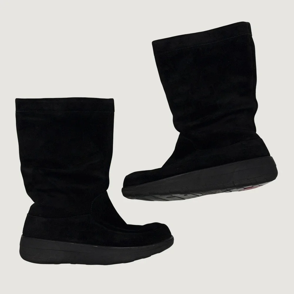 FitFlop Loaff Slouch Zip Mid Calf Boot Size 8 Black Suede Platform Comfort